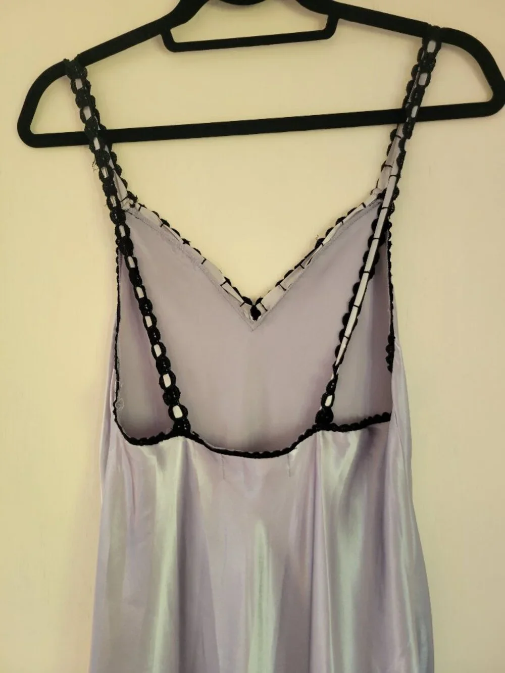 Vintage Satin Slip Dress Lingerie Lavendar Grey Black Crochet Lace Trim Slit S - Picture 3 of 9